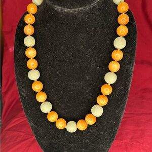 Vintage Retro Orange and Cream Glass Beaded Strand Statement Necklace!